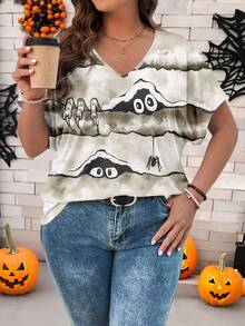 EMERY ROSE Áo thun tay ngắn cổ chữ V in hình nhện phong cách Halloween rộng rãi cho nữ cỡ lớn - Nhiều màu - Xem 5