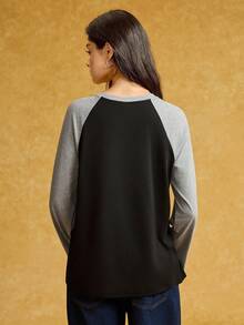 HARRY POTTER X SHEIN Women's Letter Graphic Color Block Round Neck Long Sleeve T-Shirt,Back To School