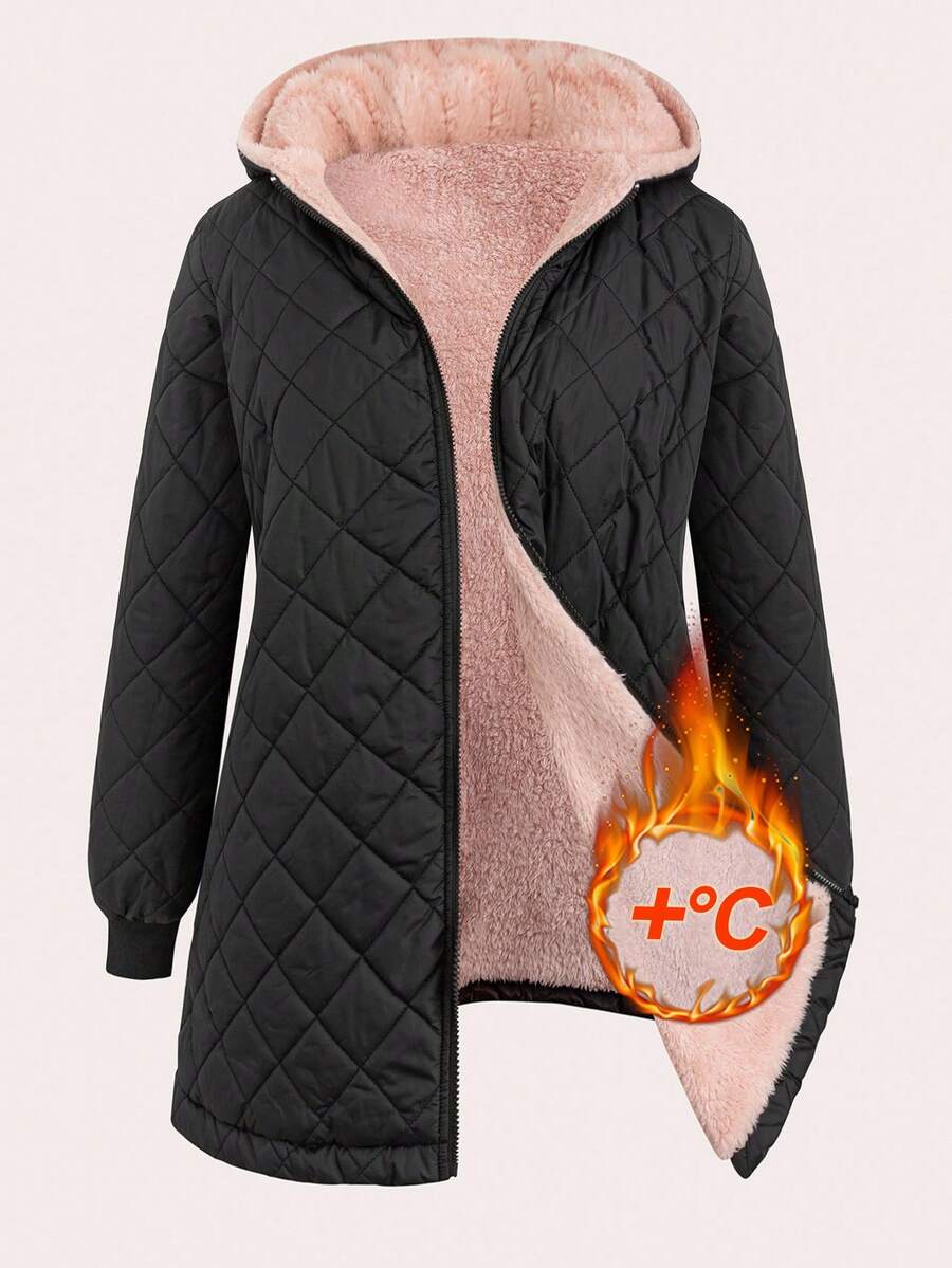 SHEIN Clasi Plus Size Women's Daily Black Contrast Pink Thick Plush Lining Hooded Long Sleeve Casual Quilted Coat, Thermal Lined To Keep Warm And Cold,Comfortable And Warm From The Cold,2025 New,Winter,Vintage,Going Out,Fall,Winter,Fall, Office,Fall,Classy,Fall,Halloween Costumes,Old Money Style - Black - View 1