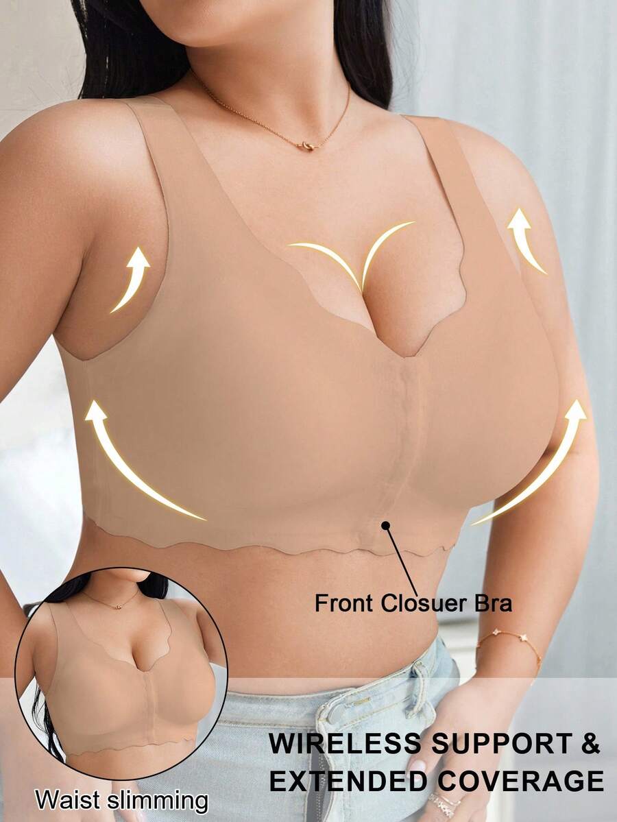 DesireSculpt Casual-Comfy Simple Seamless Wave Edge Wide Shoulder Straps Front Buckle Women's Plus Size Wirefree Bra Front Closure Bra Wireless Bra Support Bra Plus Size Bra Goth Full Coverage Bra - Dusty Pink - View 1