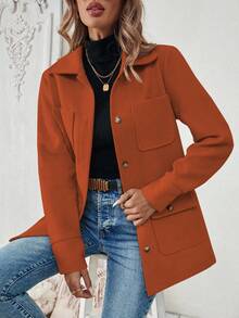 SHEIN LUNE Women's Solid Color Long Sleeve Single-Breasted Casual Pocket Jacket, Autumn - Orange - View 5
