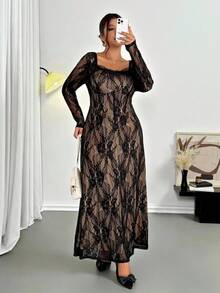 Firerie Rochie de seară cu mânecă lungă din dantelă, în culori contrastante, cu tiv evazat, mărime plus, sexy pentru petrecere, întâlnire, seară, bal, potrivită pentru primăvară și începutul toamnei - Negru - Vizualizare 7