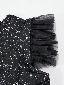 Glamorique Kids 1 件女童盖袖黑色连衣裙，银箔针织面料，网眼裙摆，休闲日常或万圣节派对连衣裙 - 黑色 - 查看 3