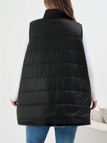 SHEIN CURVE+ Áo khoác cổ cao có túi khóa kéo cỡ lớn dành cho nữ, thích hợp cho mùa đông, mùa thu/mùa thu/mùa đông, áo vest phao - màu đen - Xem 3