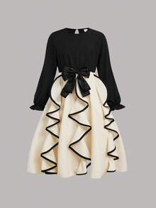 Tween Girls Color Block Long Sleeve Bow Decor Elegant Dress - Black and White - View 4