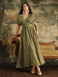 Anewsta Women's V-Neck Ruched Waist Dress With Dolman Sleeves, Suitable For Beach Vacation, Spring/Summer - Army Green - View 4