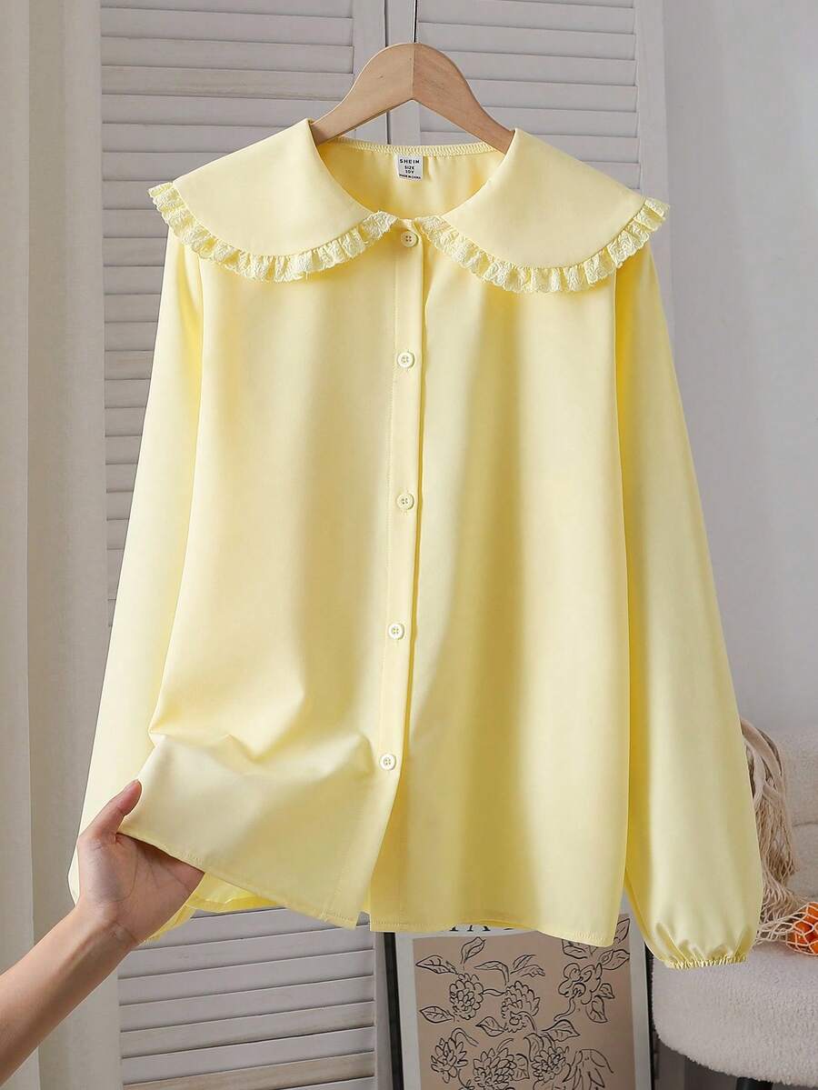 春秋新款彼得潘领蕾丝边时尚宽松长袖白衬衫，清新学院风 - 黃色 - 查看 1