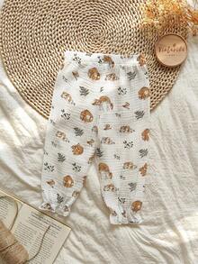 Vintaside Kids 女婴柔软棉麻混纺裤子，带有可爱的兔子和动物图案，适合春秋冬季的时尚百搭下装 - 彩色 - 查看 2