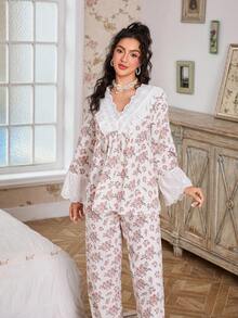 FloralLove CottageSlumber浪漫碎花刺绣荷叶边V领长袖上衣和裤子女士睡衣套装，秋冬蕾丝边睡衣套装女士睡衣两件套 - 杏色 - 查看 4