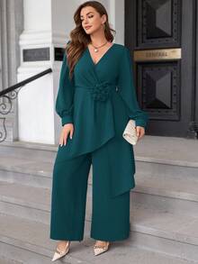 SHEIN Ellevyn Plus Size Chiffon Long Sleeve 2 Pieces Set, Autumn/Winter - Teal Blue - View 6
