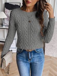 EMERY ROSE 女士休闲日常简约纯色落肩宽松麻花针织套头衫，秋冬 - 灰色 - 查看 6