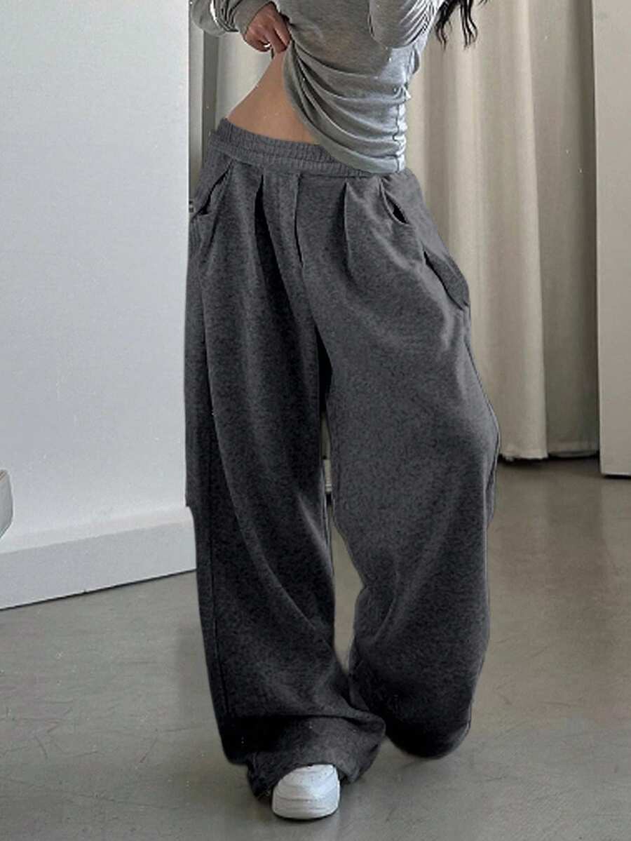 SHEIN Women's Floral Print Elastic Waist Pockets Loose Straight Casual Sweatpants - Dark Grey - View 1