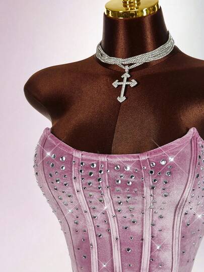  Y2K Amplova Pink Women's Rhinestone Embellished Sleeveless Crop Top And Rhinestone Embellished Mini Skirt 2 Pieces Set Pink Rhinestone Dress Pink Club Dress Pink Corset Dress