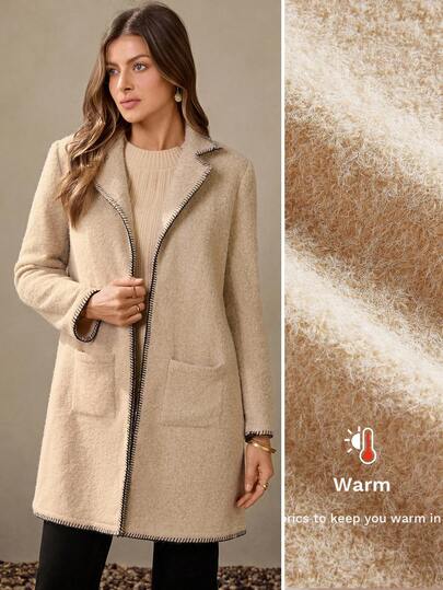 Wildy Fall Country Chic Clothes Women's Winter Coat Winter Clothes Business Casual Woman Fall Wedding Guest Dress Mid-Length Khaki Overcoat With Black Contrast Trim Women's Solid Color Minimalist Long Sleeve Overcoat, Everyday Wear Fall Coats For Women Long Jacket Women Western Women Wear Going Out Outfits Office Outfits For Women Office Wear Casual Wear ChicAutumn