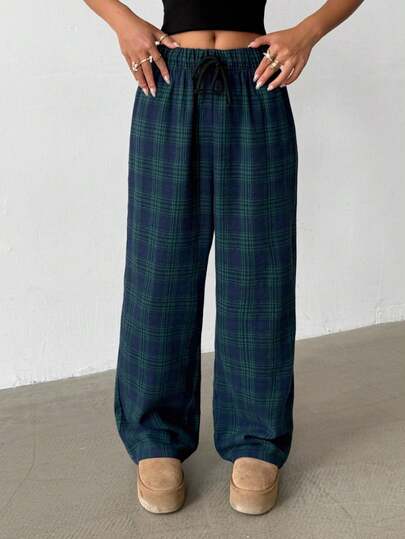SHEIN Spodnie dziewczęce w zieloną kratę z regulowanym stanem, szerokie nogawki, styl casualowy/sportowy, styl uliczny/uczelniany, odpowiednie do noszenia na co dzień lub z niskim stanem, wiosna/lato