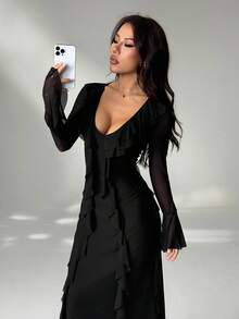 SHEIN PETITE 女士时尚优雅阿拉伯风格长袖连衣裙黑色针织连衣裙约会派对商务通勤休闲简约纯色连衣裙网眼深 V 领性感荷叶边下摆浪漫连衣裙长裙紧身连衣裙，适合春夏季、毕业典礼、女士教师服装、教师连衣裙 - 黑色 - 查看 6