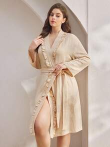 Ocili Jubah Mandi Katun Ukuran Besar dengan Rumbai di Pinggang, Musim Gugur - Khaki - View 5