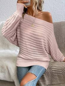 SHEIN LUNE Suéter holgado de manga de murciélago y hombros descubiertos de unicolor para mujer de talla grande, otoño - Rosa Pálido - Ver 4