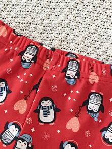 2pcs Baby Girls' Christmas Penguin & Star Heart Print Cozy Casual Crew Neck Long Sleeve Top And Leggings Pajama Set, Autumn/Winter - Red - View 8
