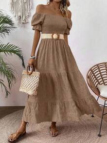 EMERY ROSE Đầm Maxi Dài Tay Phồng Họa Tiết Màu Trơn Cho Kỳ Nghỉ Hè Dành Cho Nữ - màu nâu - Xem 6