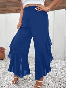 Elenzga Celana Panjang Fashion Elegan Ukuran Plus Warna Polos dengan Hem Berumbai dan Belahan Samping - Teal Blue - View 4