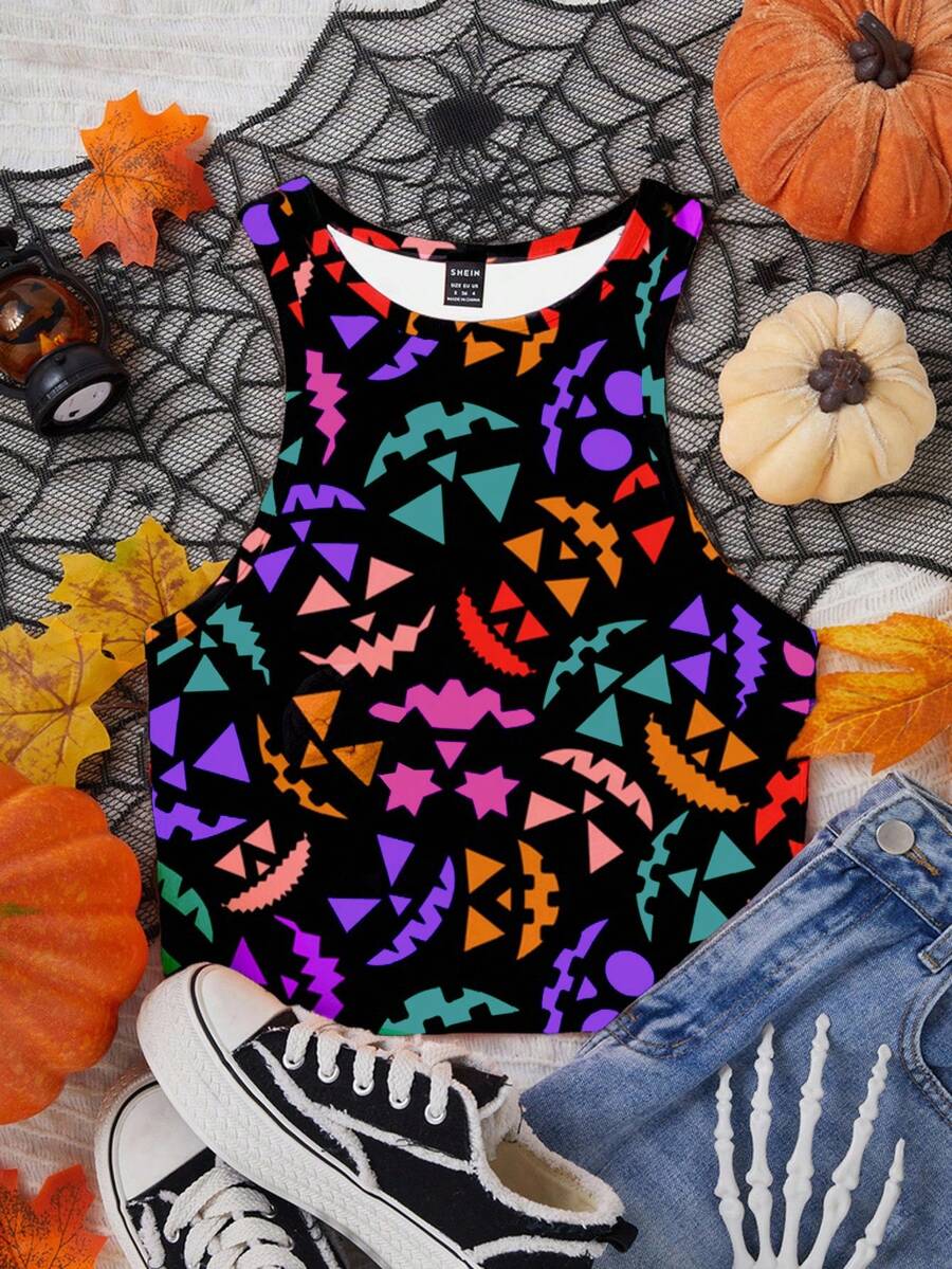 SHEIN EZwear 休闲简约圆领紧身女式背心，适合万圣节，笑脸印花别致上衣，适合万圣节派对 - 彩色 - 查看 1