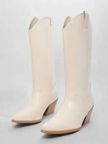 Solezae #WesternClassic Women's Snip Toe Mid Block Heel Premium Oil-Finish Vegan Leather Beige Side Zipper Cowboy Boots – Sleek Silhouette With Timeless Rodeo Appeal