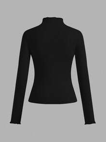 SHEIN EZwear 3 件套女式黑色高领荷叶边修身休闲长袖长 T 恤套装，适合秋冬分层穿着 - 黑色 - 查看 3