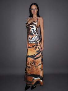 SHEIN ICON 虎纹露背连衣裙 - 棕色 - 查看 5