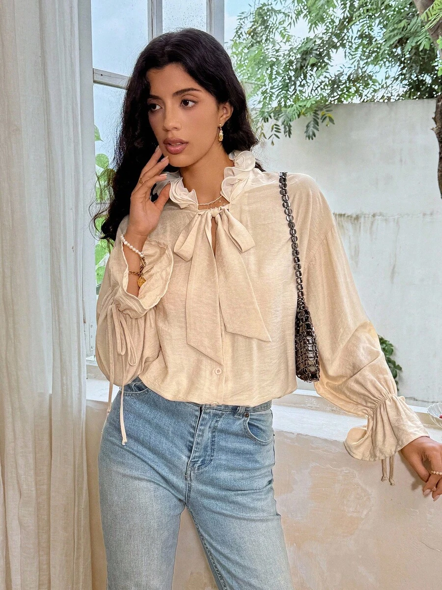 Serisse Blusa suelta con cuello de corbata con volantes y mangas acampanadas, elegante para mujer, primavera/otoño - Albaricoque - Ver 1