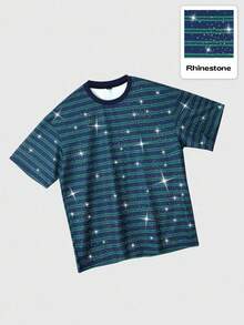ROMWE MEN Street Life Men's Striped Rhinestone Embellished Short Sleeve T-Shirt - Multicolor - View 6