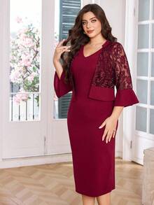 Lacomfia Vestido ajustado de oficina elegante con camisola de encaje bordado para mujer, talla grande - Rojo - Ver 4