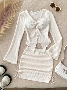 2pcs/Set Teen Girl Loose Casual Minimalist Comfortable Asymmetric Hem Long Sleeve Top And Skirt Set White Two Piece Set Ribbed Skirt Set Two Piece Long Sleeve Set White Skirt Set Teen Two Piece Set Fall Winter