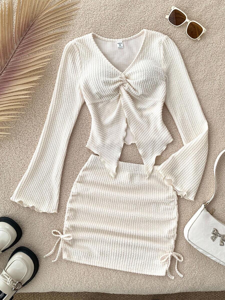 2pcs/Set Teen Girl Loose Casual Minimalist Comfortable Asymmetric Hem Long Sleeve Top And Skirt Set White Two Piece Set Ribbed Skirt Set Two Piece Long Sleeve Set White Skirt Set Teen Two Piece Set Fall Winter