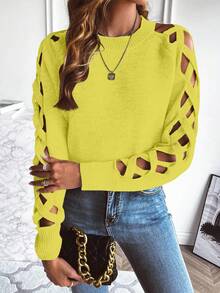 EMERY ROSE 女士性感交叉镂空袖圆领毛衣，秋冬 - Butter Yellow - 查看 4