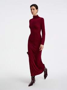 Lyxana 女士优雅时尚通勤休闲舒适迷人复古简约高领束腰修身鱼尾下摆纯色闪光针织连衣裙，长袖 - 酒紅色 - 查看 5