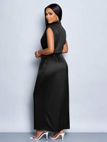 SOLERSUN Women Commute Minimalist Office Old Money Simple Lapel Neck Batwing Sleeve Ruched Bodycon Satin Dress Maxi Women Outfit - Black - View 2