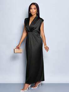 SOLERSUN Women Commute Minimalist Office Old Money Simple Lapel Neck Batwing Sleeve Ruched Bodycon Satin Dress Maxi Women Outfit - Black - View 3