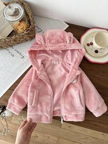 SHEIN Baby Girl Coat Casual Style Long Sleeve Fall Outfits For Girl Rabbit-Embroidery Warmer Jacket Winter - Pink - View 5