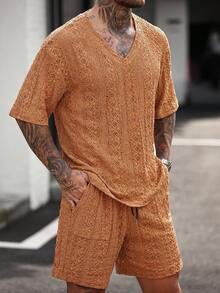 Manfinity Homme Men's Knitted Textured Jacquard Solid Color T-Shirt And Shorts Set