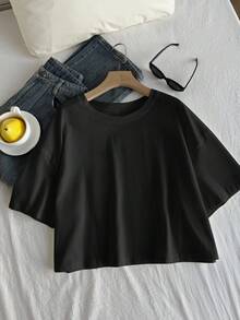 Comfortcana Áo thun ngắn tay màu đen trơn dáng rộng thường ngày - màu đen - Xem 6