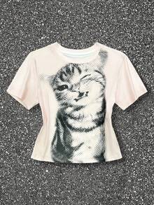 INAWLY 女式可爱猫咪图案夏季短款圆领T恤 - 淺粉色 - 查看 3