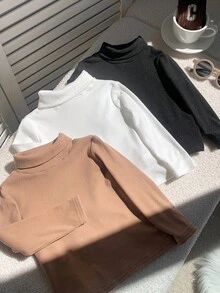SHEIN 3pcs Baby Boy Turtleneck Long Sleeve Base Layer,Thermal Lined Winter Basics For Back-To-School,Black And White Solid Casual Tops For Carrer Day - Multicolor - View 6