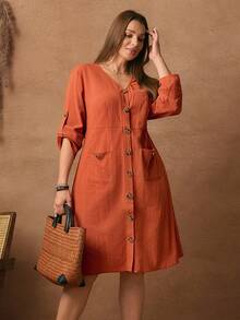 Rosumi Plus Size Casual Loose V-Neck Button Dual Pocket Knee-Length Dress Fall Clothes For Women Fall Clothes Plus Size   Dresses Button Front Dresses For Women Cottagecore Clothes Curve Dresses With Pockets  Dress Autumn Dress,Spring/Summer/Vacation - Burnt Orange - View 6