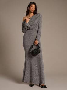 Aloruh Women's Off-Shoulder Ruched Long Sleeve Bodycon Prape Grey Maxi Dress, Fall/Winter - Dark Grey - View 8