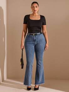 SHEIN BAE Quần Jeans Ống Loe Đơn Giản Cài Nút Phía Trước Cỡ Lớn, Mặc Thường Ngày - Rửa tối - Xem 3