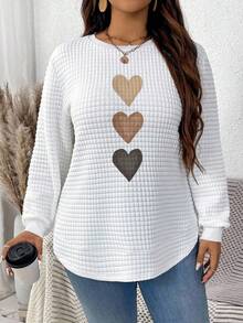 EMERY ROSE Casual Minimalist Brown Hand-Painted Heart Graphic Print Round Neck Plaid Comfortable White Sweatshirt With Curved Hemline Side Slit Design, Suitable For Autumn/Winter,Fall - Multicolor - View 3