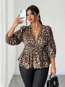 Elenzga 大码女式性感V领灯笼袖荷叶边上衣，度假风格，春秋季 - 棕色 - 查看 6