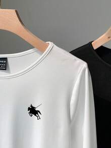 SHEIN BASICS 2 件套休闲简约风格“Old Money”黑白小马标志图案长袖圆领紧身衣，百搭分层单品，适合秋冬季 - 彩色 - 查看 9