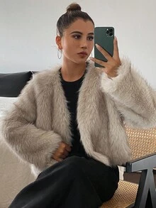 DAZY 女士休闲开襟人造毛皮外套，秋冬女式外套